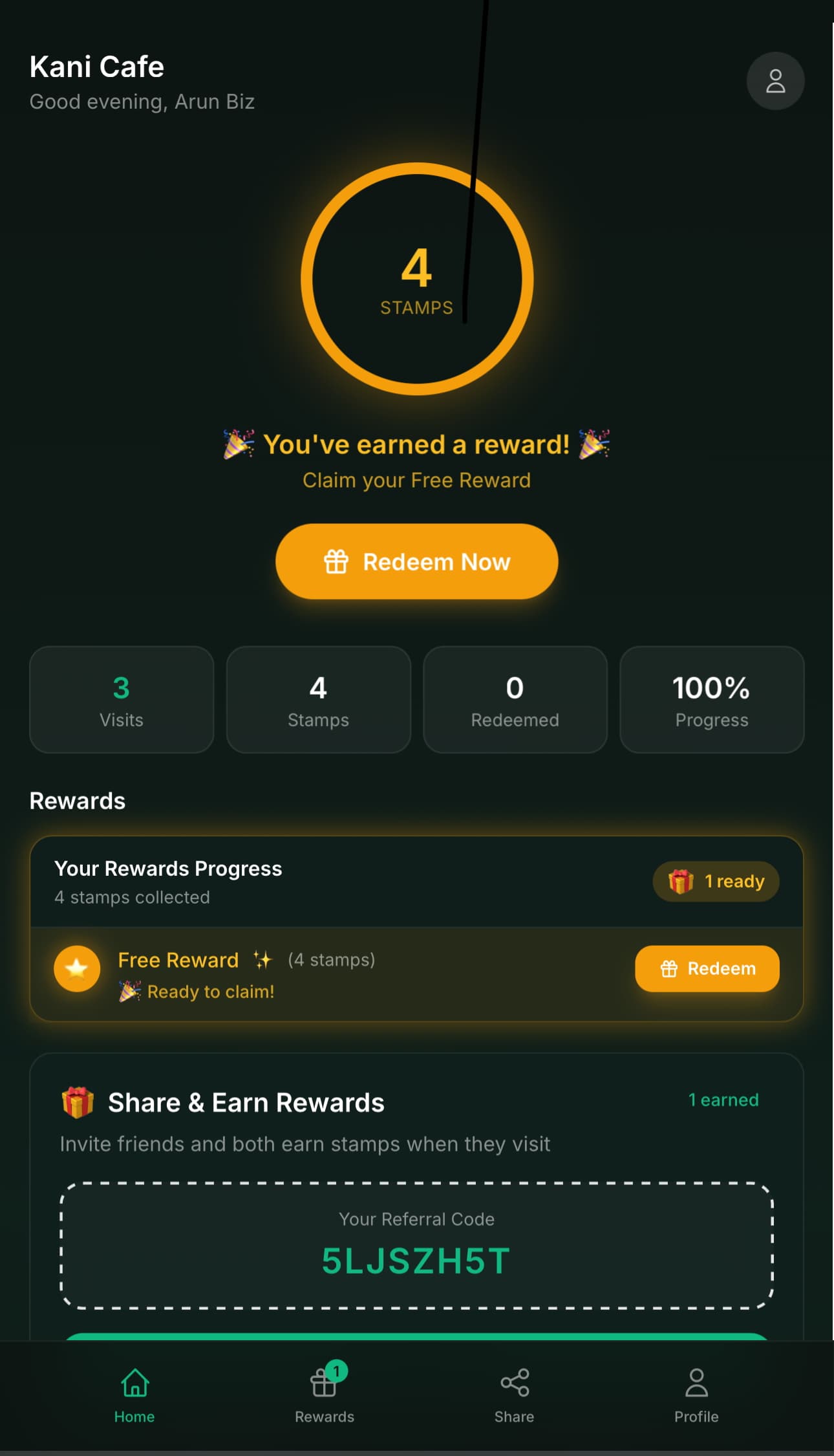 Stamp card showing progress towards a free coffee reward